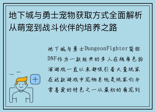 地下城与勇士宠物获取方式全面解析从萌宠到战斗伙伴的培养之路