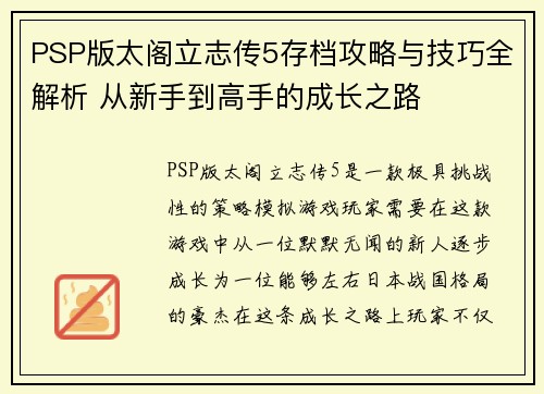 PSP版太阁立志传5存档攻略与技巧全解析 从新手到高手的成长之路